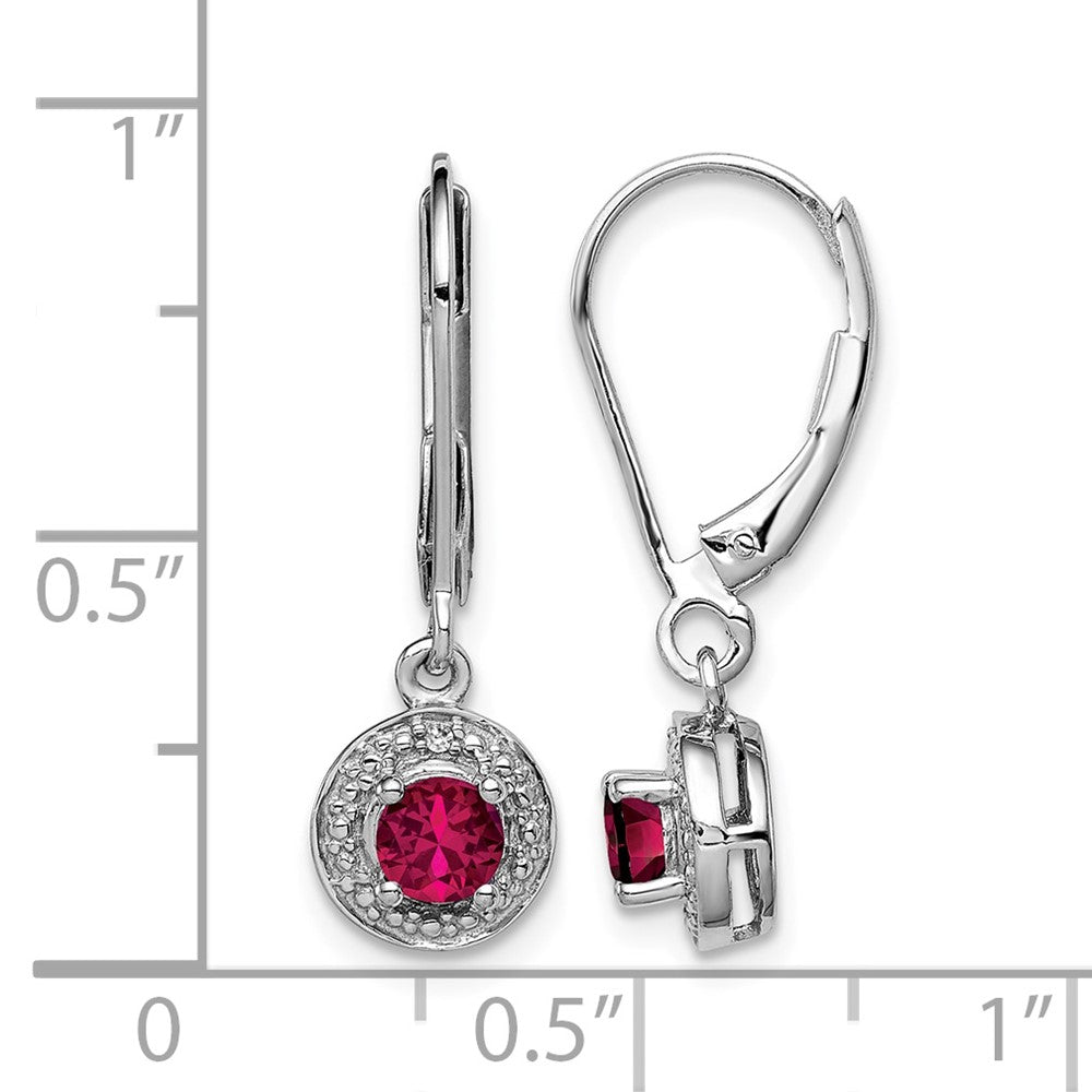 Sterling Silver RH Plated Diamond and Lab Created Ruby Leverback Earrings