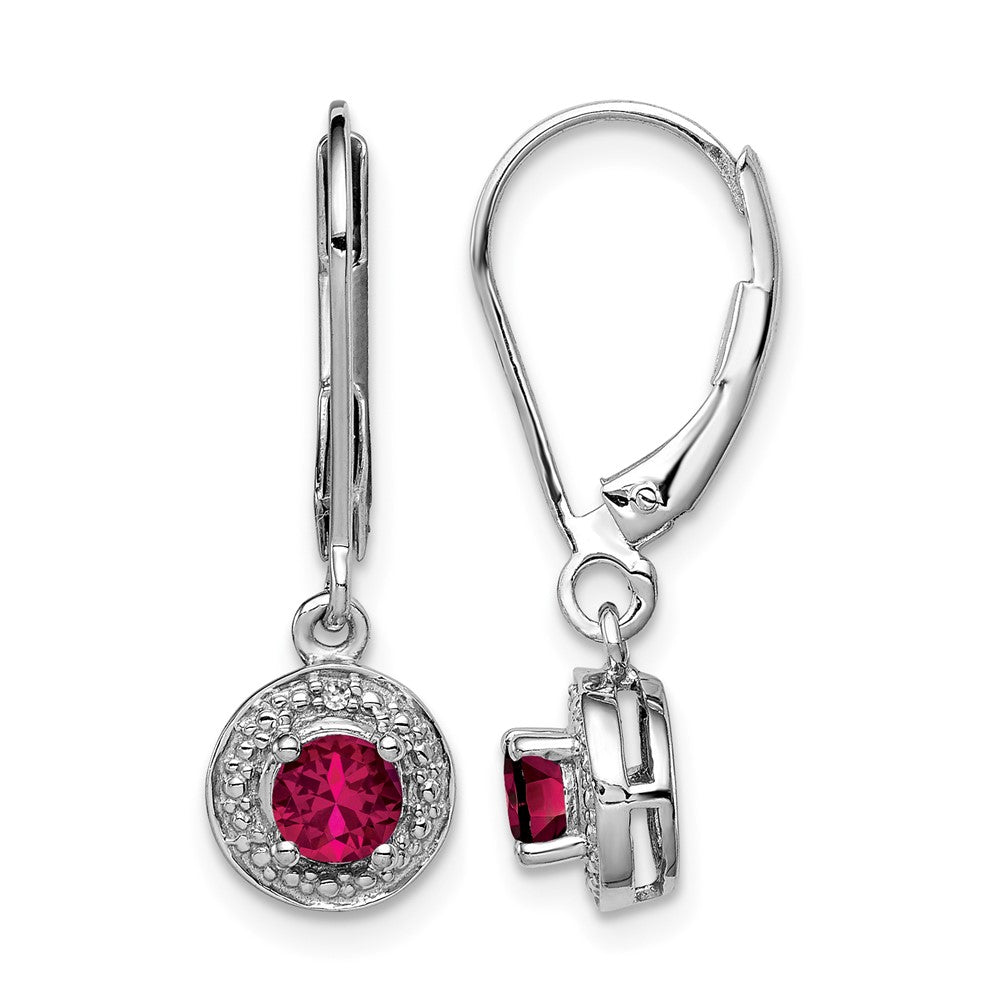 Sterling Silver RH Plated Diamond and Lab Created Ruby Leverback Earrings