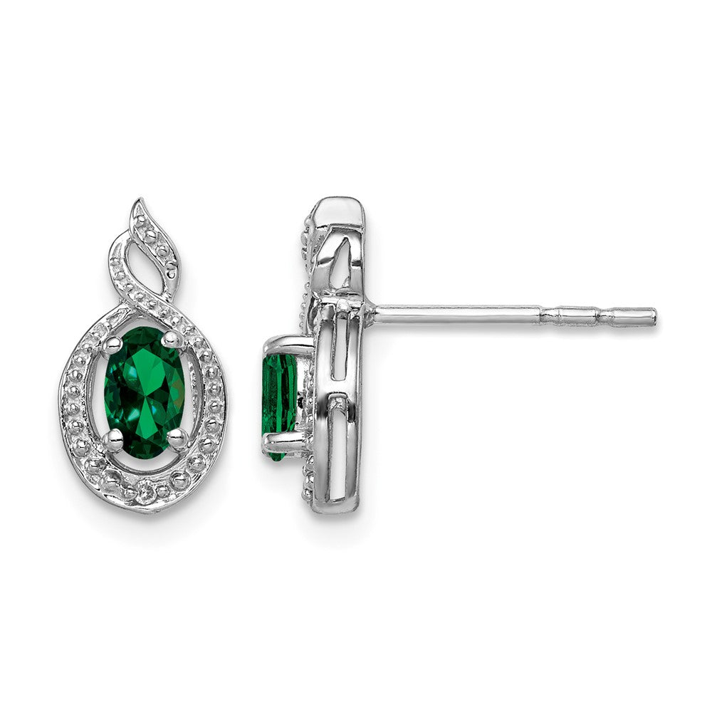 Sterling Silver Rhodium-plated Created Emerald & Diam. Earrings