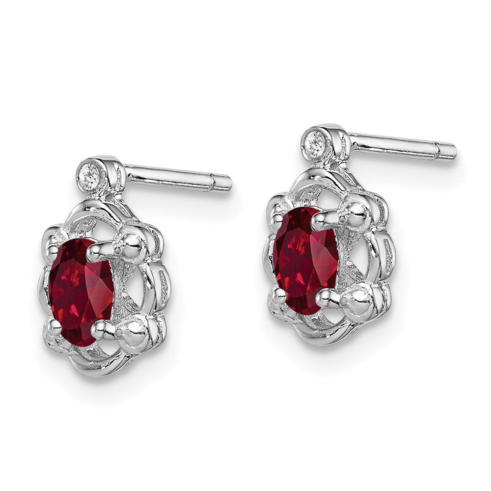 Sterling Silver Rhodium-plated Created Ruby & Diam. Earrings