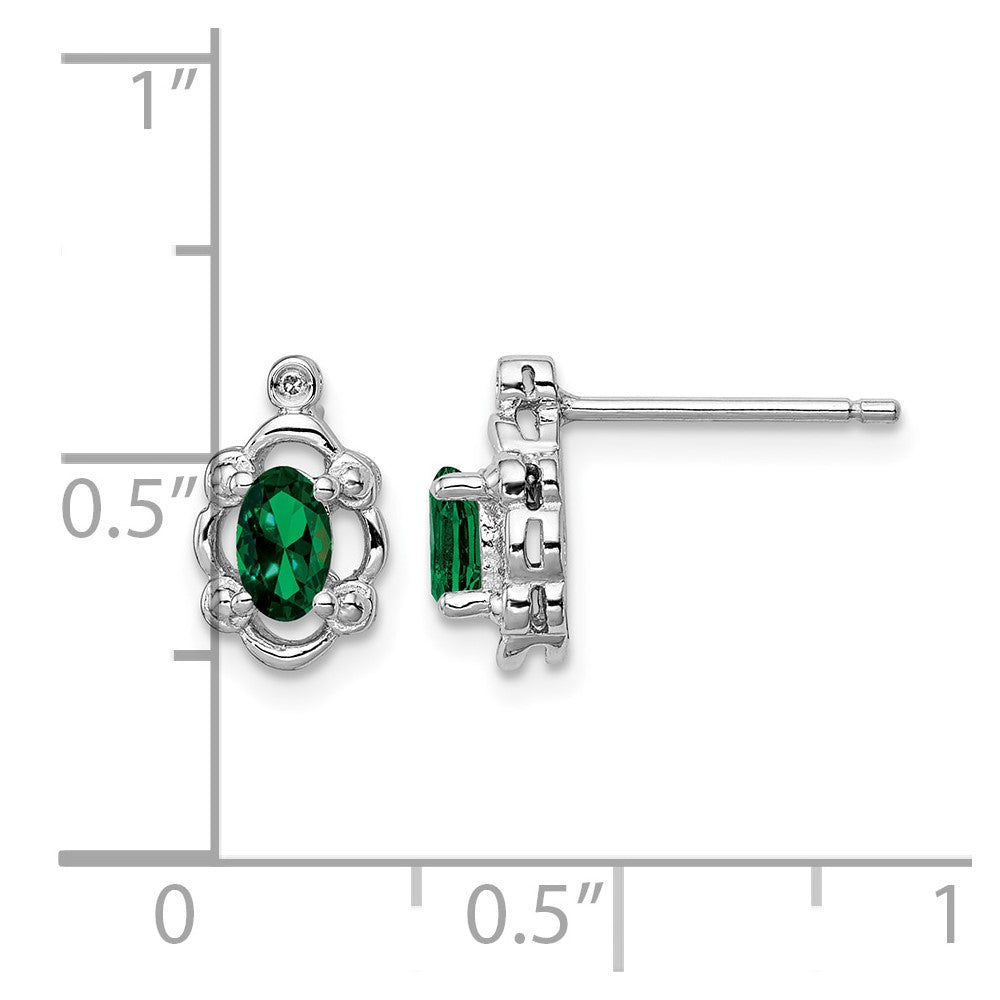 Sterling Silver Rhodium-plated Created Emerald & Diam. Earrings