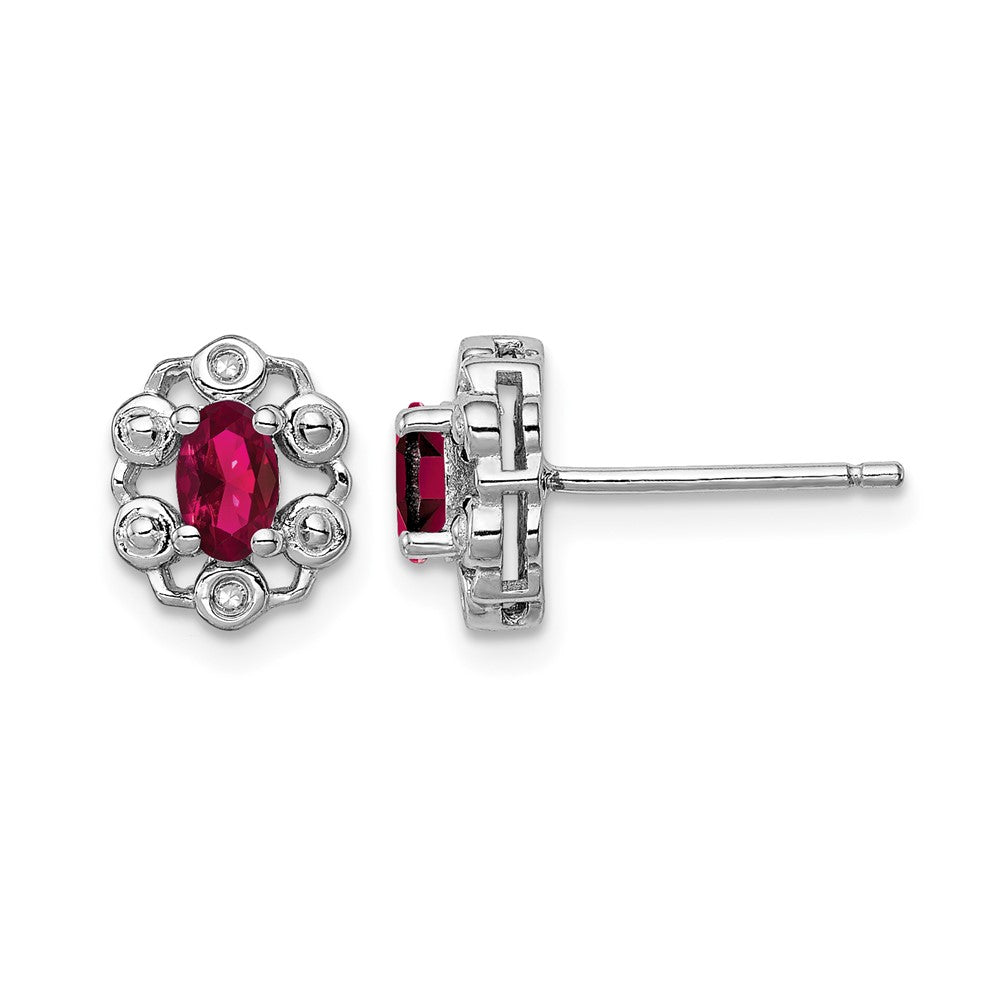 Sterling Silver Rhodium-plated Created Ruby & Diam. Earrings