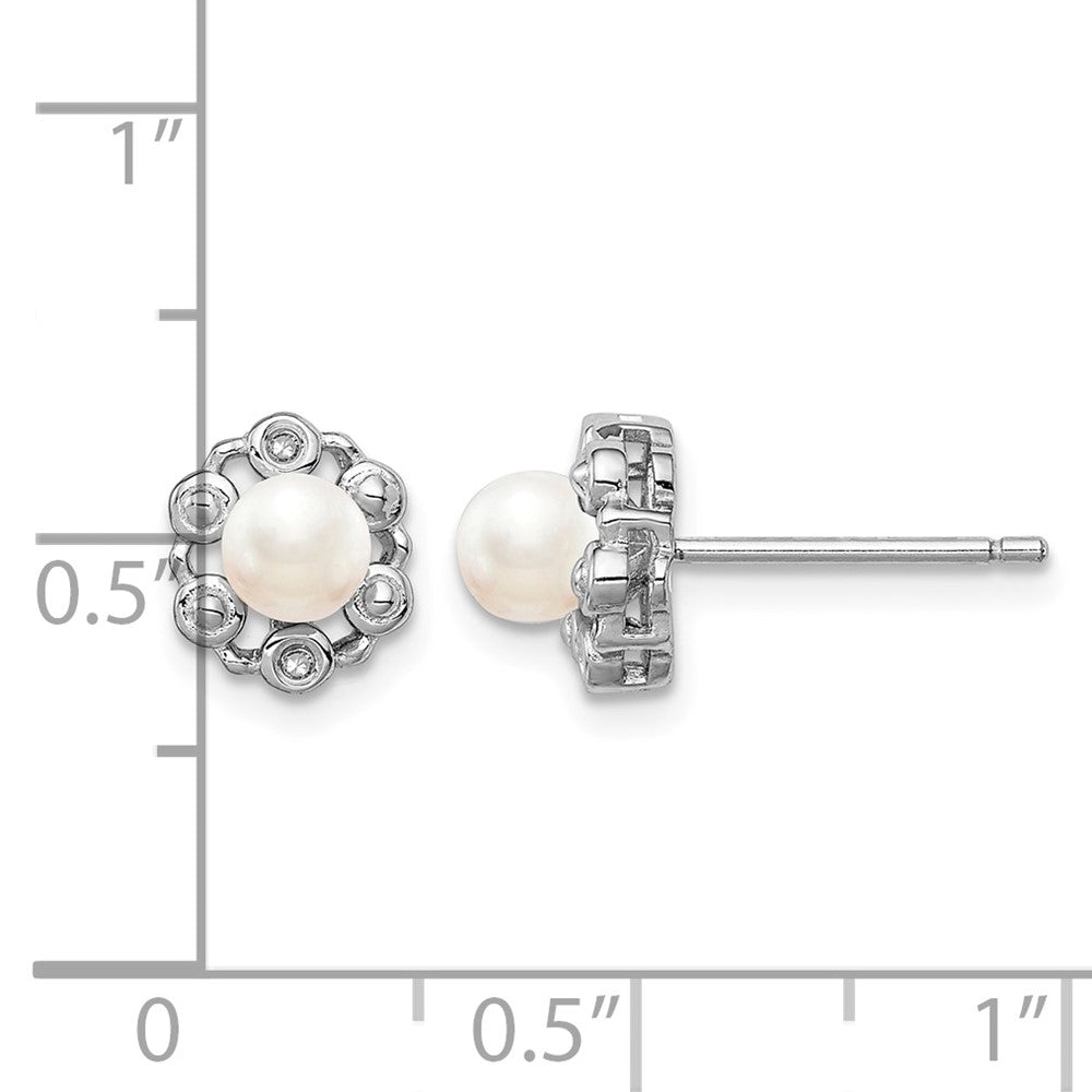 Sterling Silver Rhodium-plated FW Cultured Pearl & Diam. Earrings
