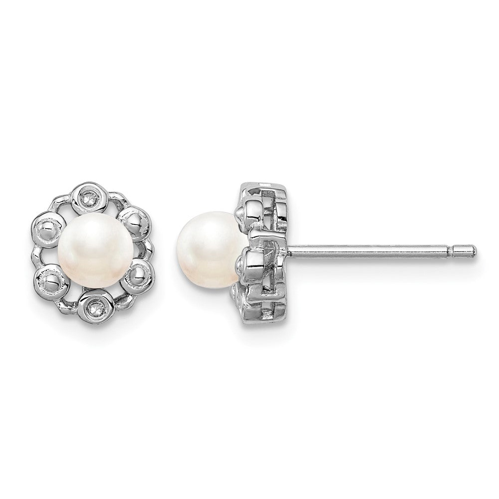 Sterling Silver Rhodium-plated FW Cultured Pearl & Diam. Earrings