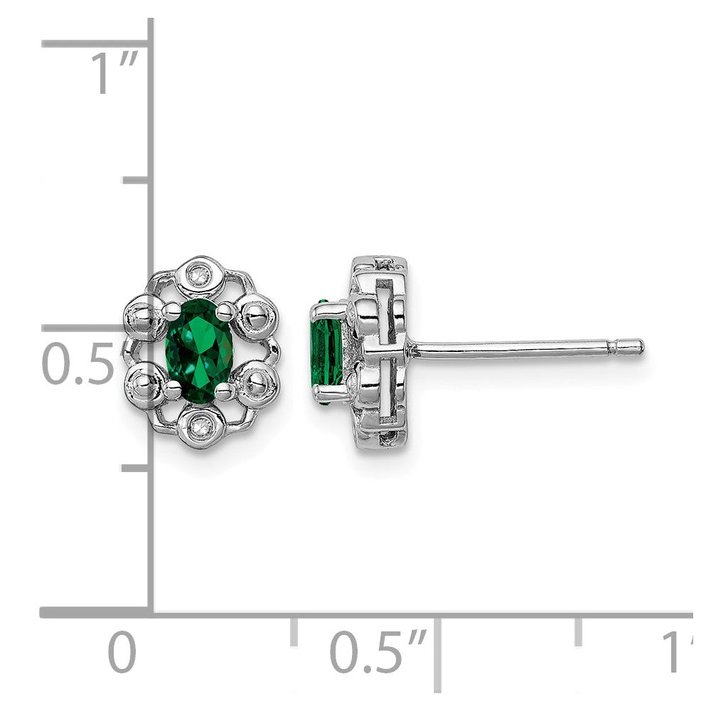 Sterling Silver Rhodium-plated Created Emerald & Diam. Earrings