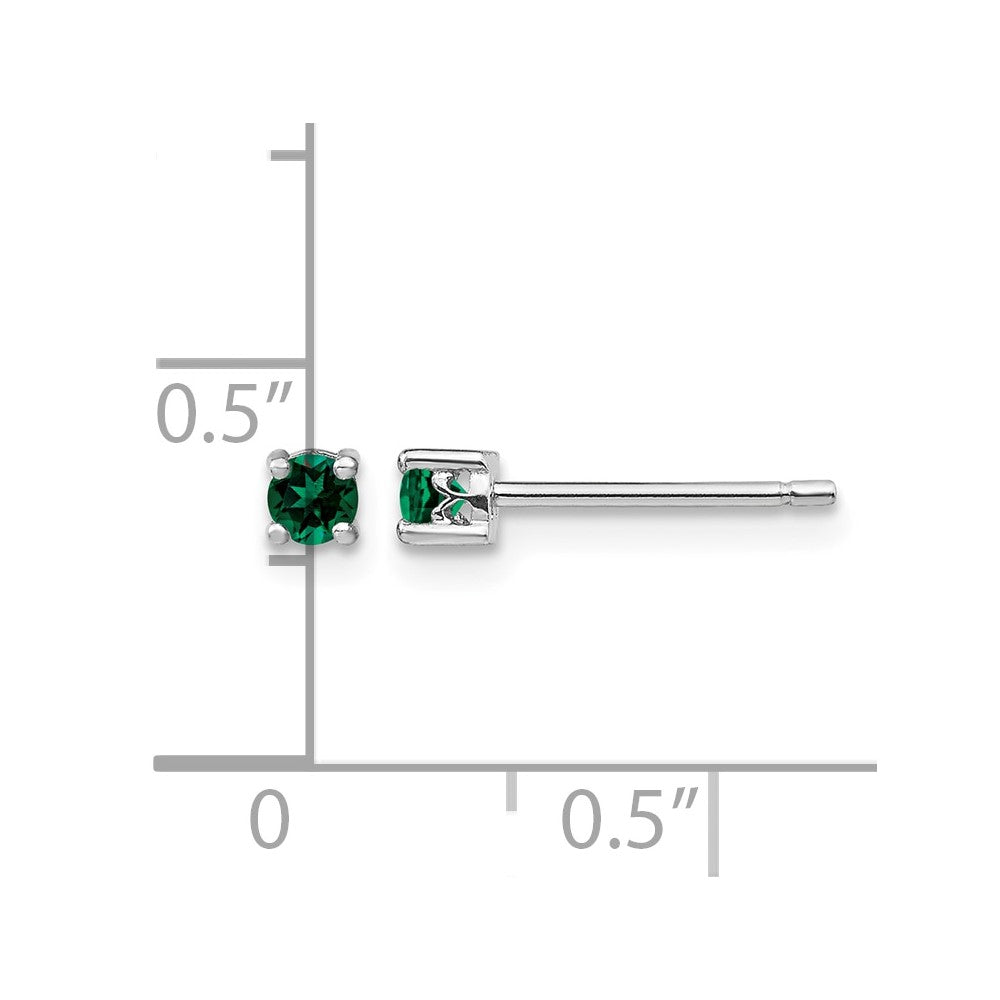 Sterling Silver Rhod-plated 3mm Round Created Emerald Post Earrings