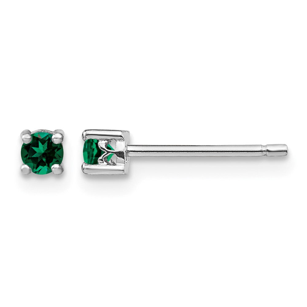 Sterling Silver Rhod-plated 3mm Round Created Emerald Post Earrings