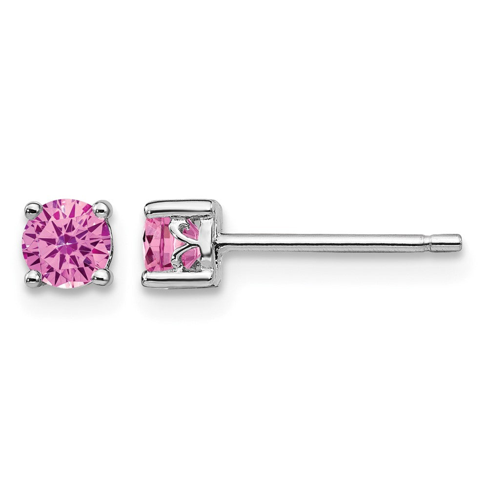 Sterling Silver Rhodium-plated 4mm Round Created Pink Sapphire Post Earring