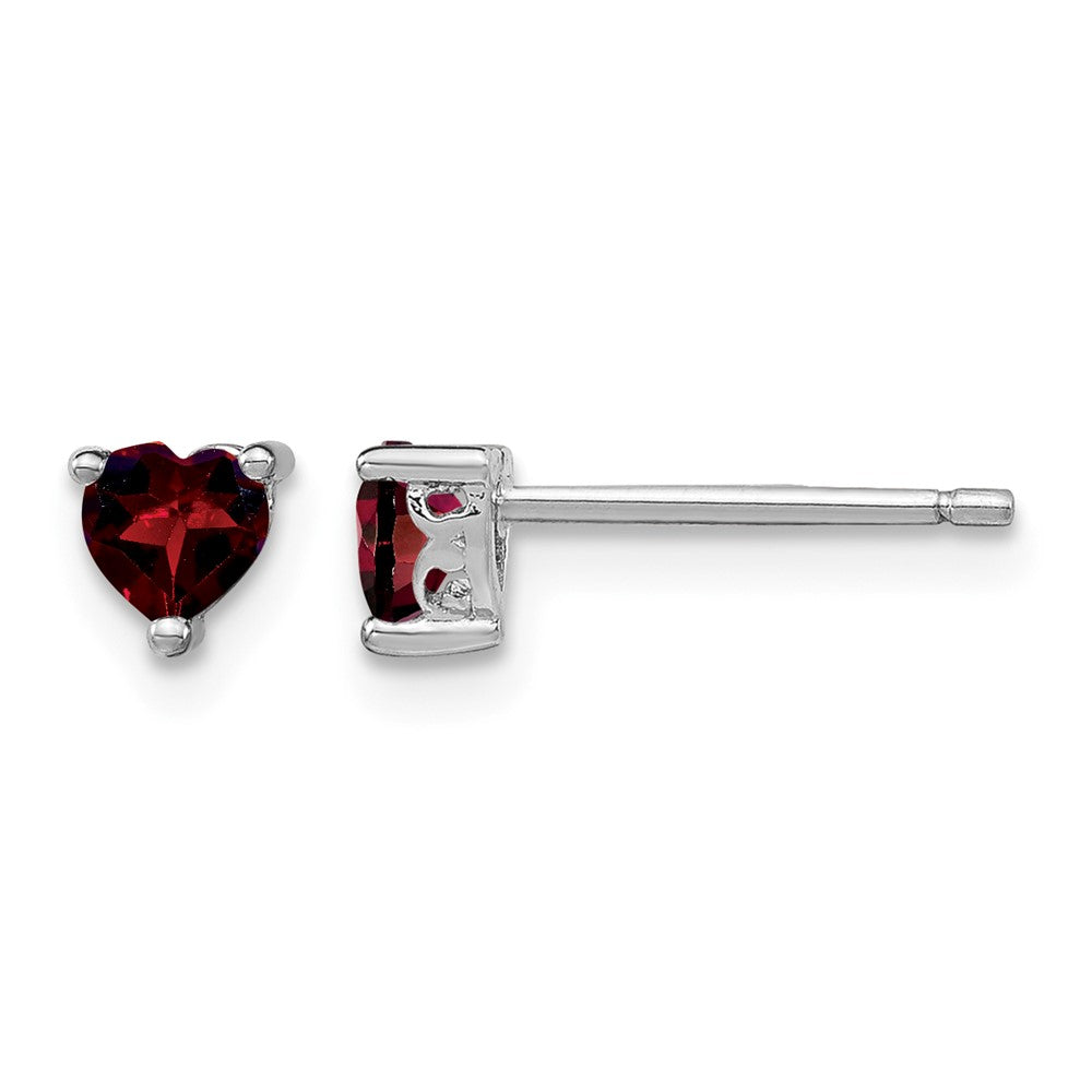 Sterling Silver Rhodium-plated 4mm Heart Garnet Post Earrings