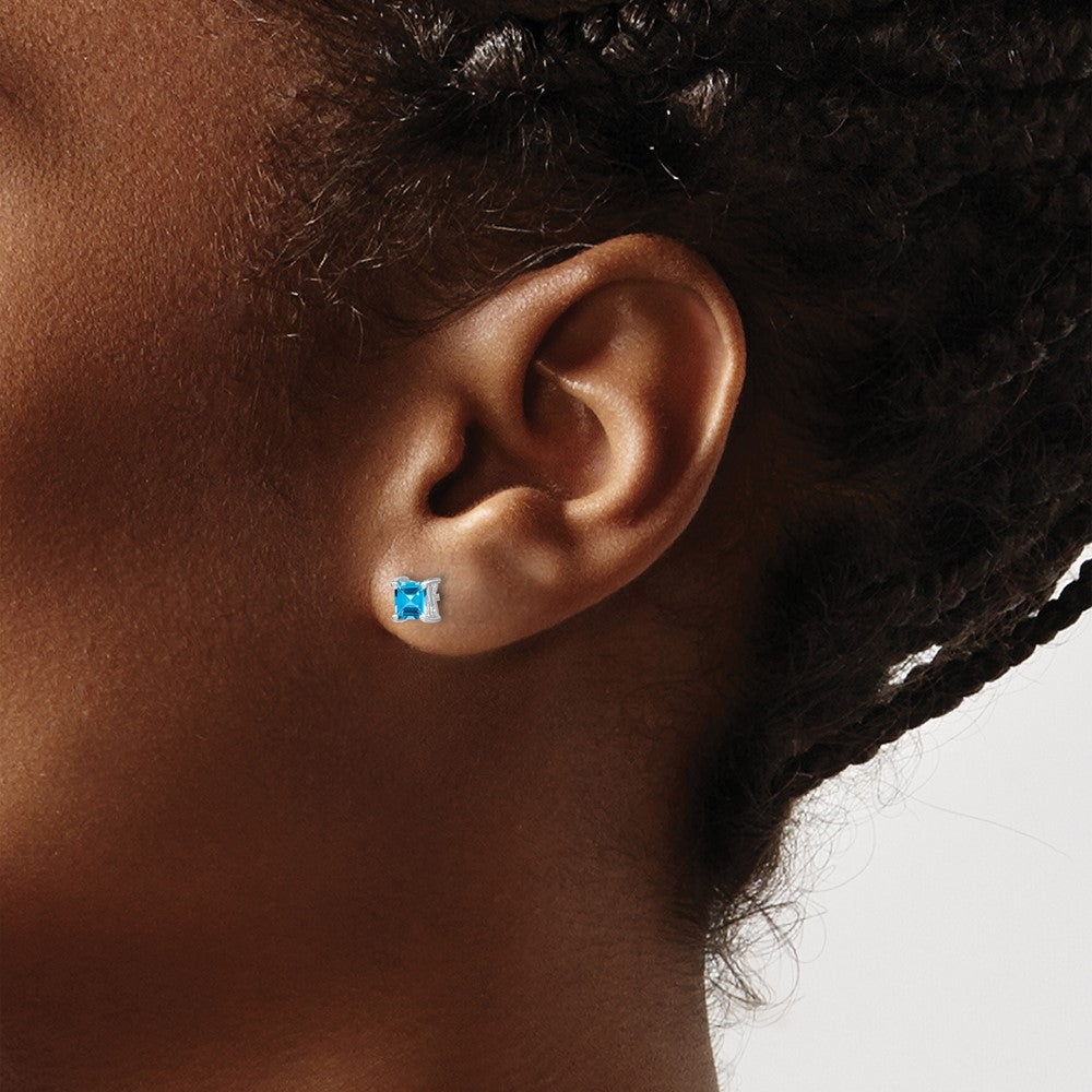 Sterling Silver Rhod-pltd 4mm Princess Swiss Blue Topaz Post Earrings