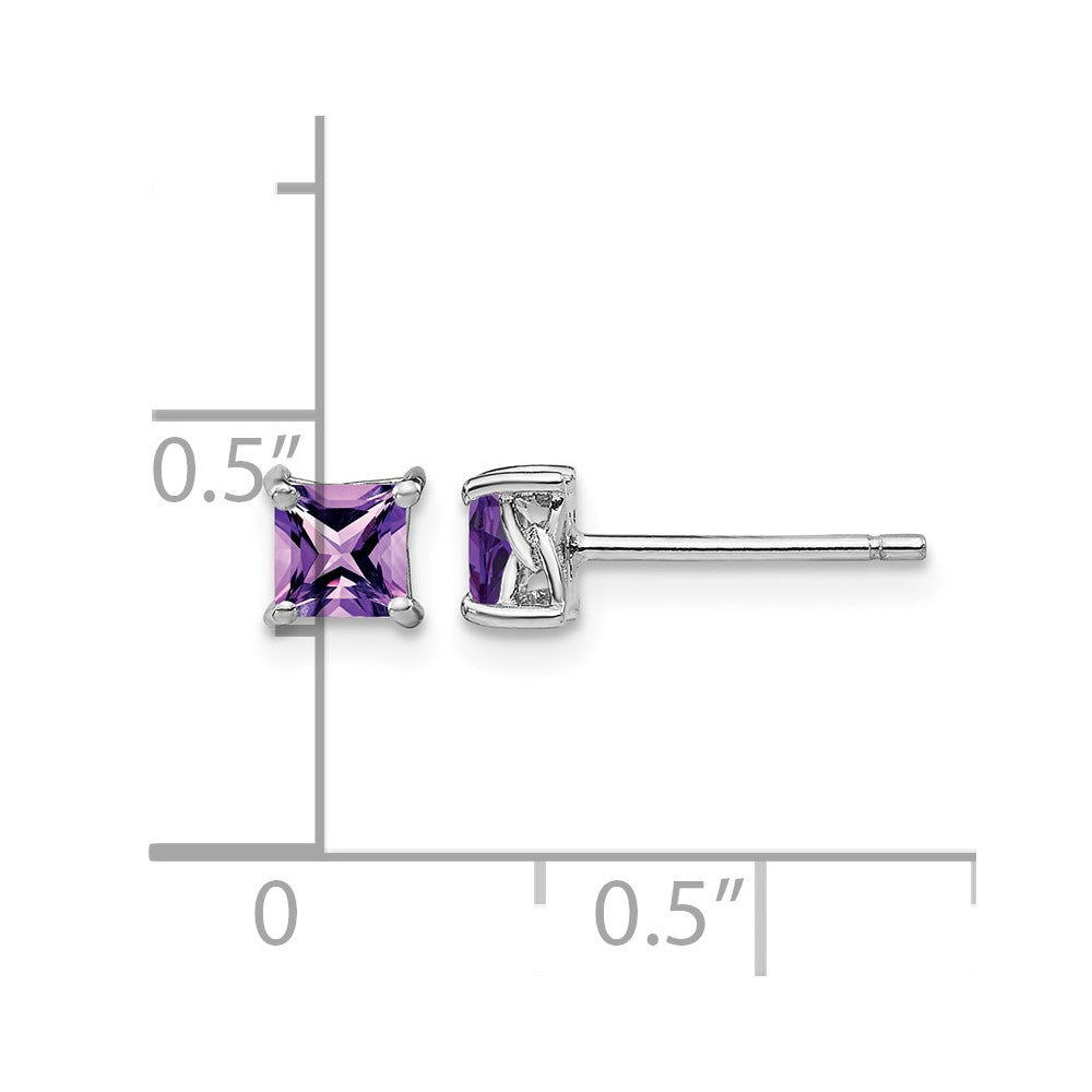 Sterling Silver Rhodium-plated 4mm Princess Amethyst Post Earrings
