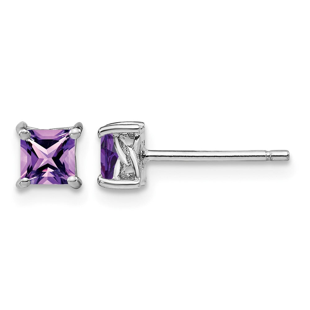 Sterling Silver Rhodium-plated 4mm Princess Amethyst Post Earrings