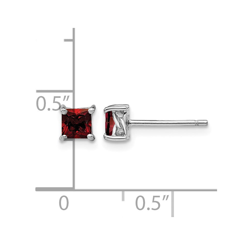 Sterling Silver Rhodium-plated 4mm Princess Garnet Post Earrings