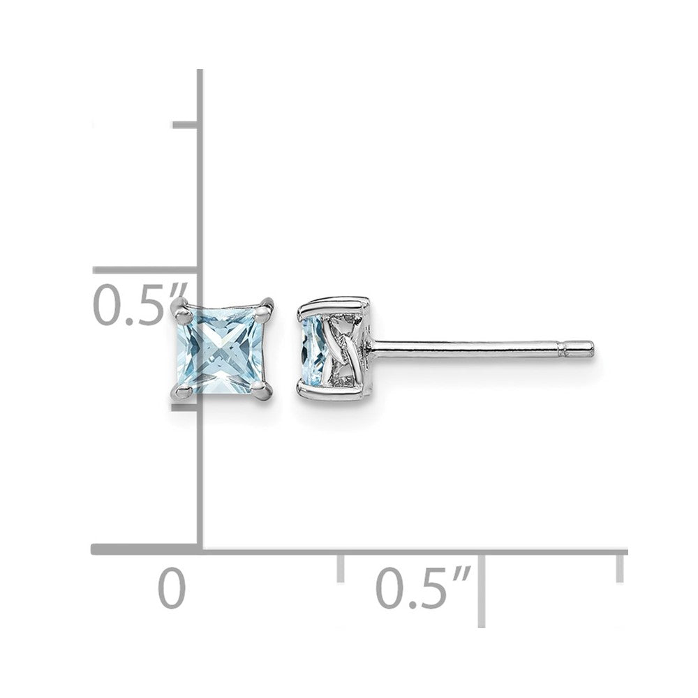 Sterling Silver Rhodium-plated 4mm Princess Aquamarine Post Earrings