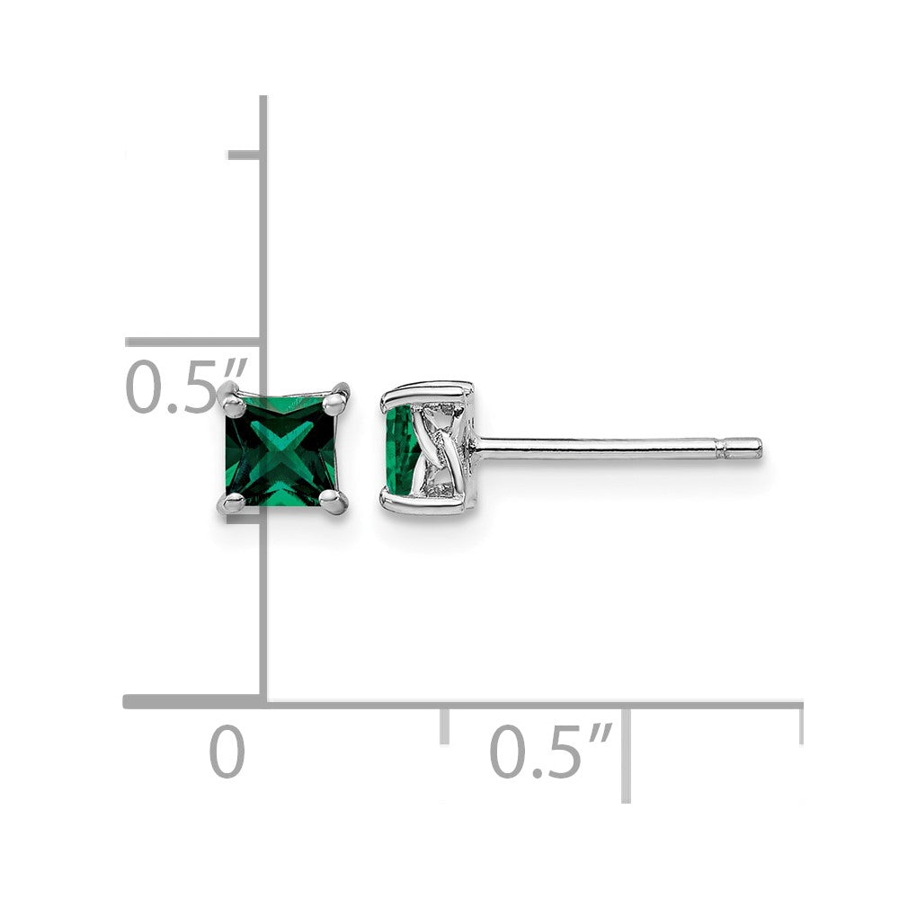 Sterling Silver Rhod-pltd 4mm Princess Created Emerald Post Earrings