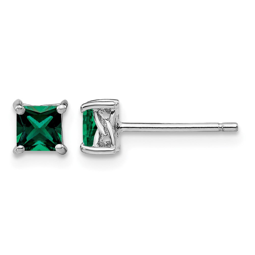 Sterling Silver Rhod-pltd 4mm Princess Created Emerald Post Earrings