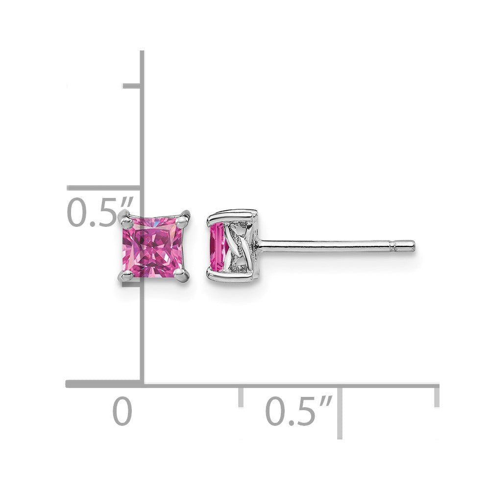 Sterling Silver Rhod-pltd 4mm Princess Cr. Pink Sapphire Post Earrings