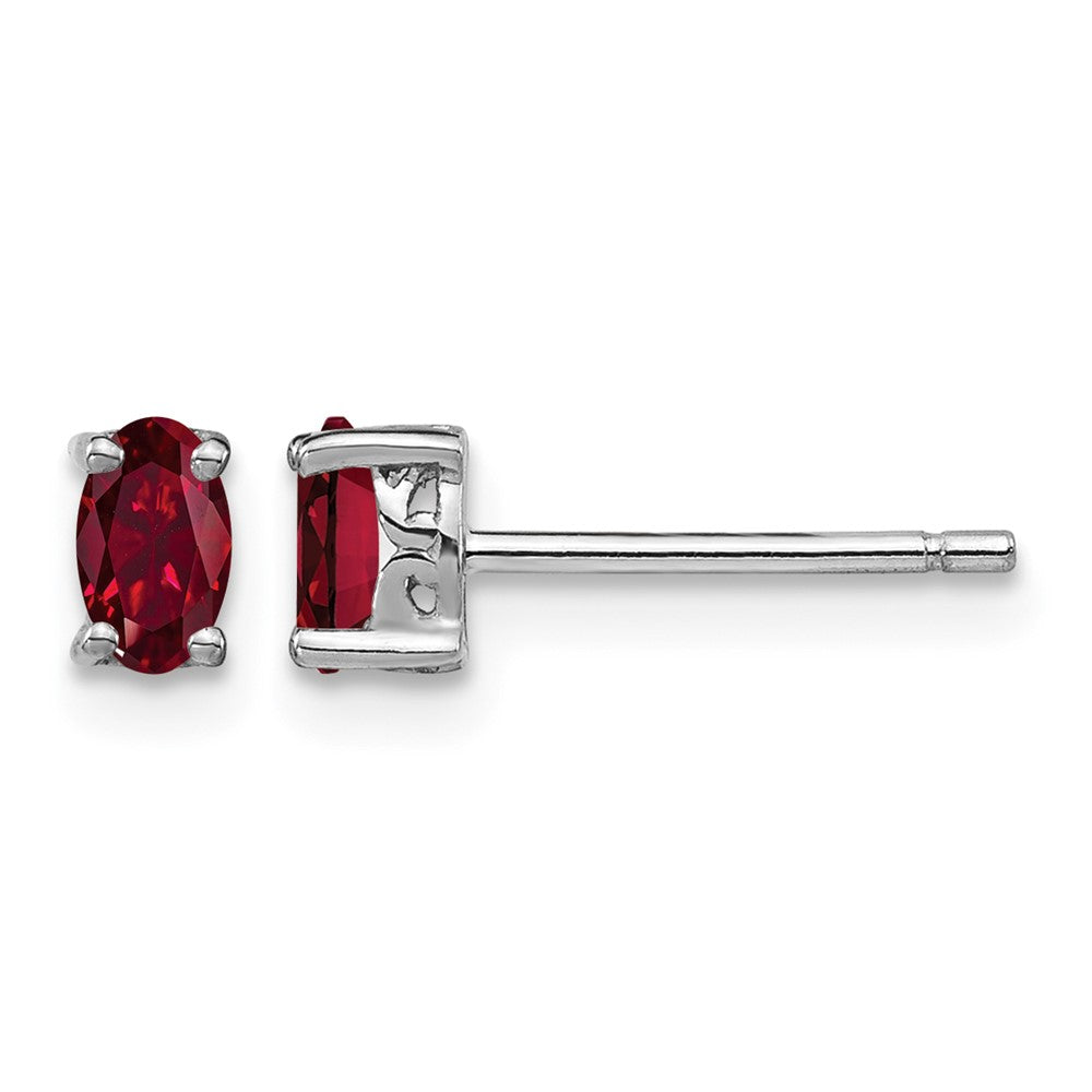 Sterling Silver Rhodium-plated 5x3mm Oval Created Ruby Post Earrings