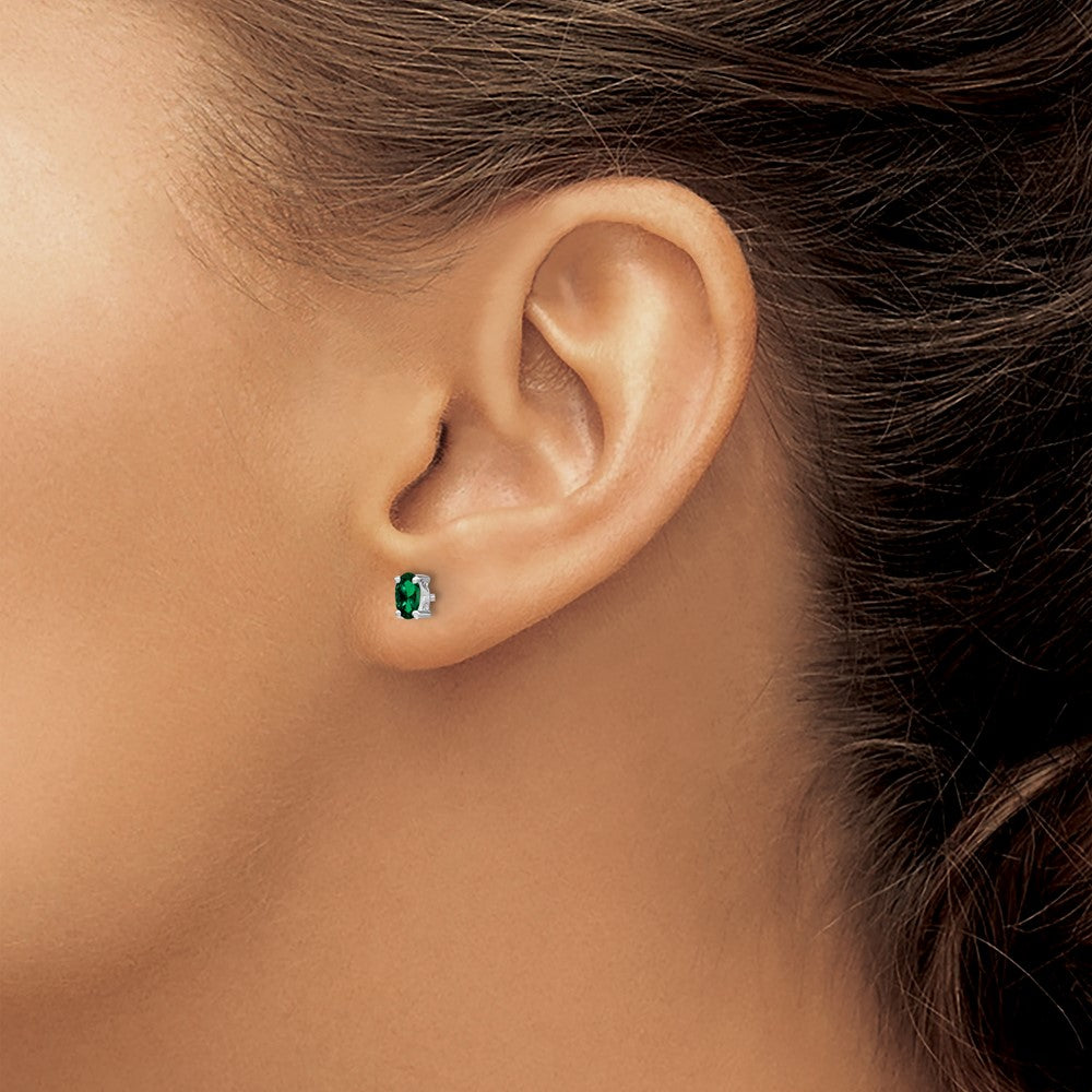 Sterling Silver Rhodium-plated 5x3mm Oval Created Emerald Post Earrings