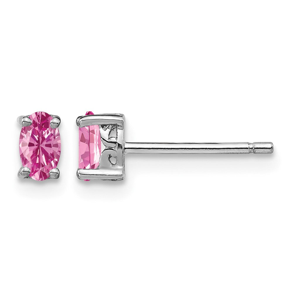 Sterling Silver Rhodium-plated 5x3mm Oval Cr. Pink Sapphire Post Earrings