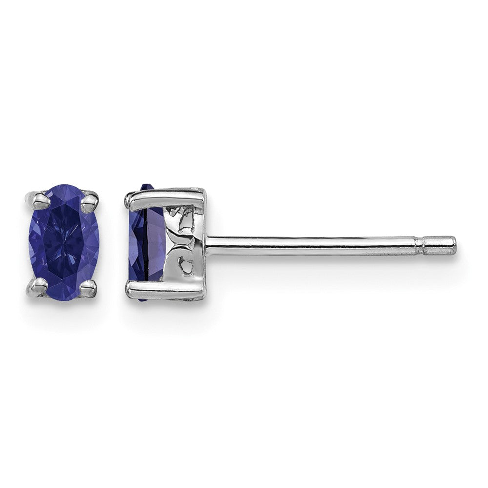 Sterling Silver Rhodium-plated 5x3mm Oval Created Sapphire Post Earrings