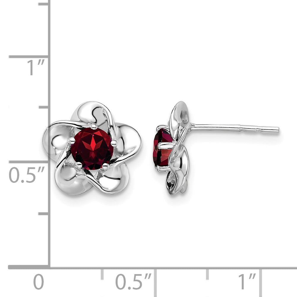 Sterling Silver Rhodium-plated Floral Garnet Post Earrings