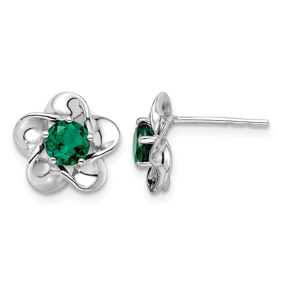 Sterling Silver Rhodium-plated Floral Created Emerald Post Earrings