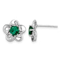 Sterling Silver Rhodium-plated Floral Created Emerald Post Earrings