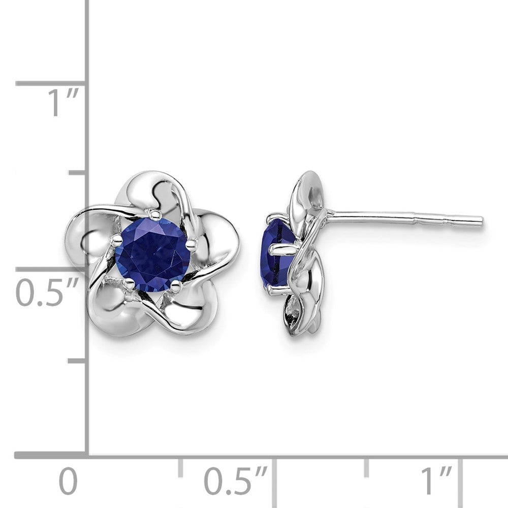 Sterling Silver Rhodium-plated Floral Created Sapphire Post Earrings