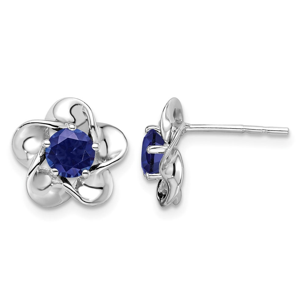 Sterling Silver Rhodium-plated Floral Created Sapphire Post Earrings