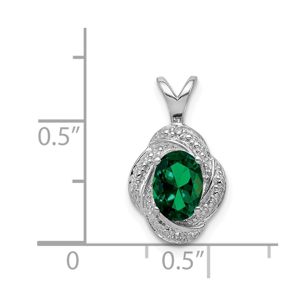 Sterling Silver Rhodium-plated Diam. & Created Emerald Pendant