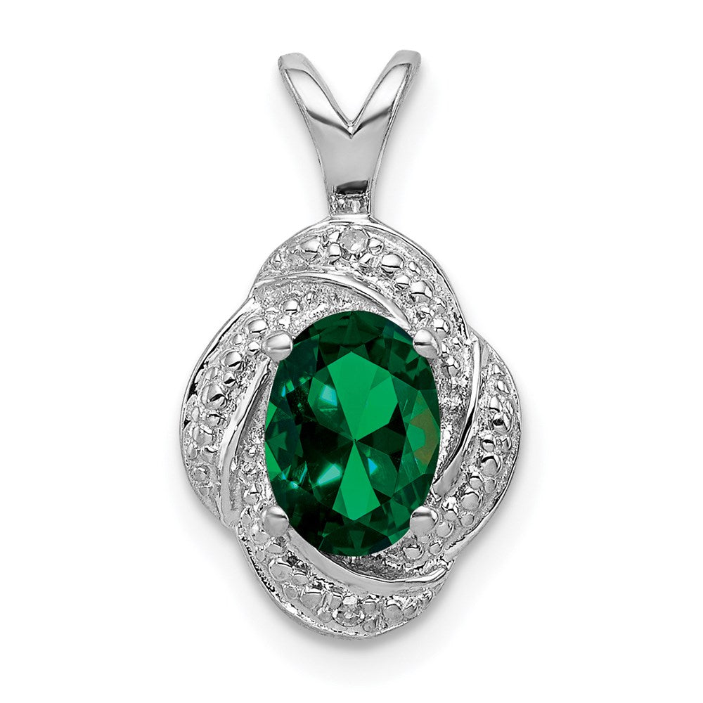 Sterling Silver Rhodium-plated Diam. & Created Emerald Pendant