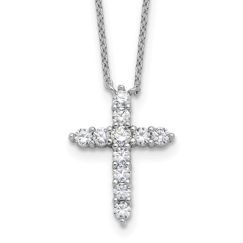 SS Rhodium-plated CZ April Birthstone Cross 16in w/2in ext Necklace
