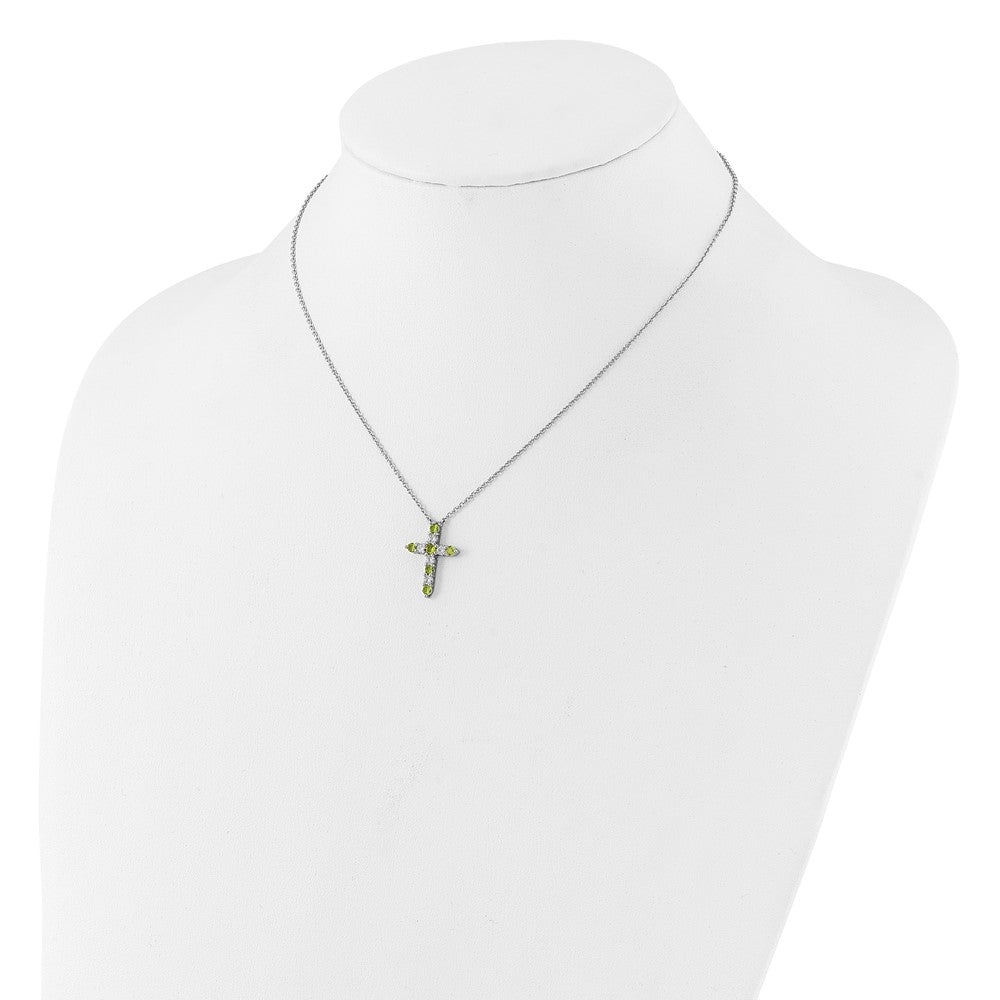 SS Rhodium-plated Green CZ August Birthstone Cross w/2in ext Necklace