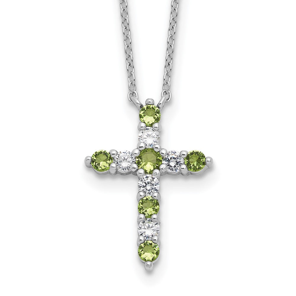 SS Rhodium-plated Green CZ August Birthstone Cross w/2in ext Necklace