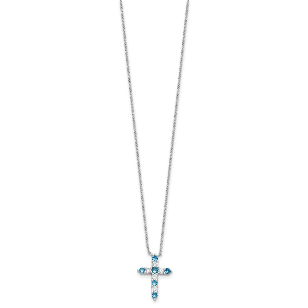 SS Rhodium-plated Blue CZ December Birthstone Cross w/2in ext Necklace
