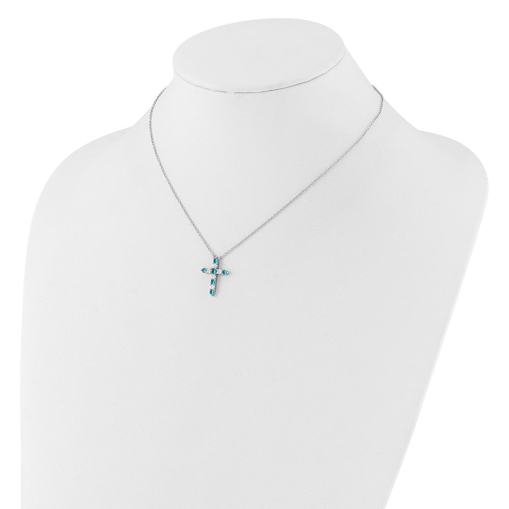 SS Rhodium-plated Blue CZ December Birthstone Cross w/2in ext Necklace