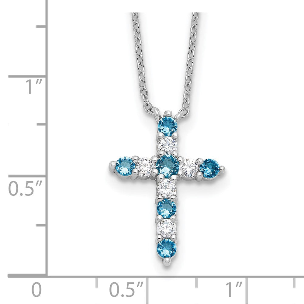 SS Rhodium-plated Blue CZ December Birthstone Cross w/2in ext Necklace