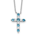 SS Rhodium-plated Blue CZ December Birthstone Cross w/2in ext Necklace