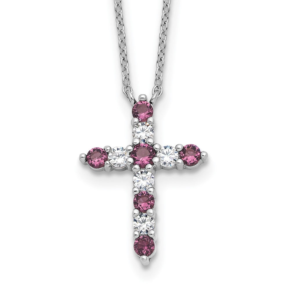 SS Rhodium-plated Purple CZ February Birthstone Cross w/2in ext Necklace