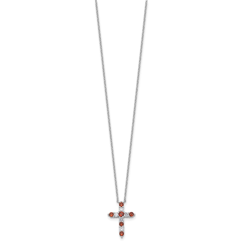 SS Rhodium-plated Red CZ January Birthstone Cross w/2in ext Necklace