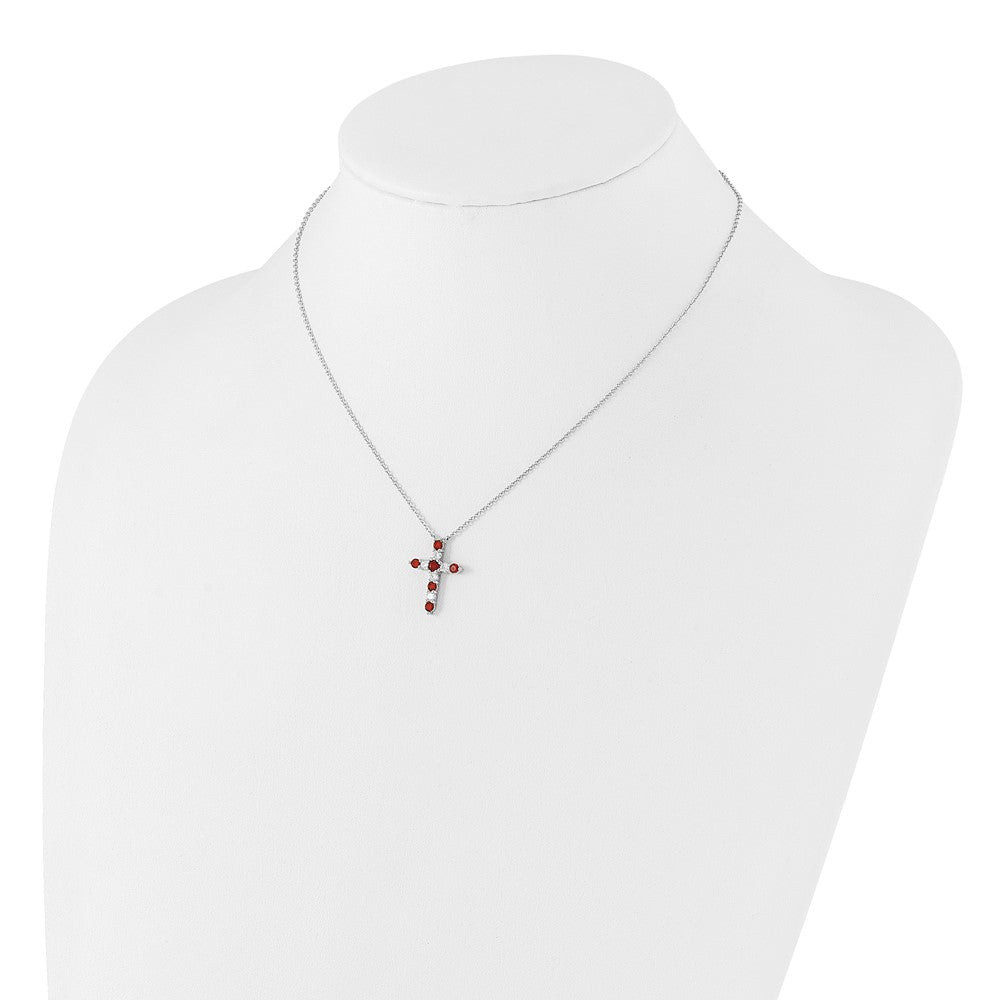 SS Rhodium-plated Red CZ January Birthstone Cross w/2in ext Necklace