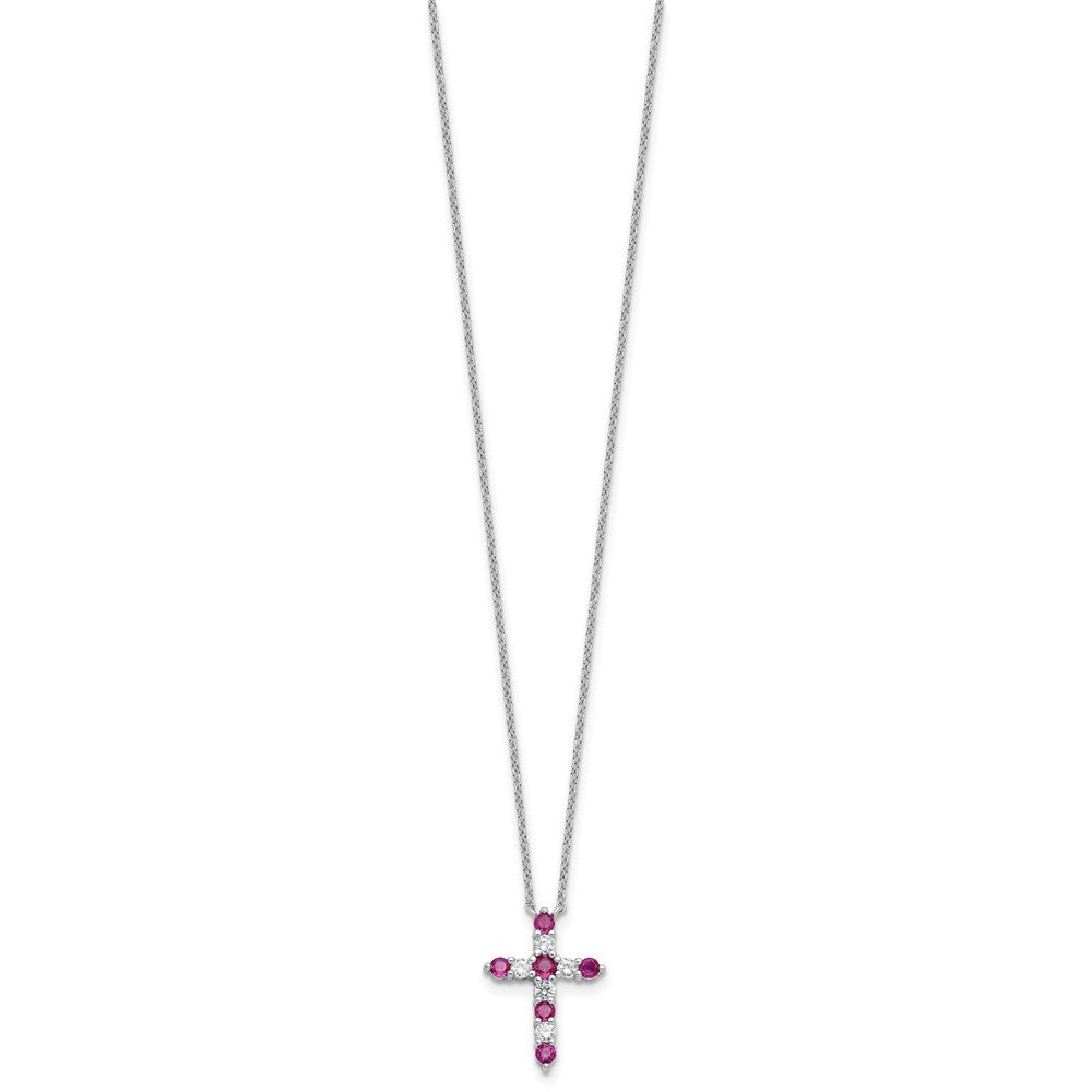 SS Rhodium-plated Dark Pink CZ July Birthstone Cross w/2in ext Necklace