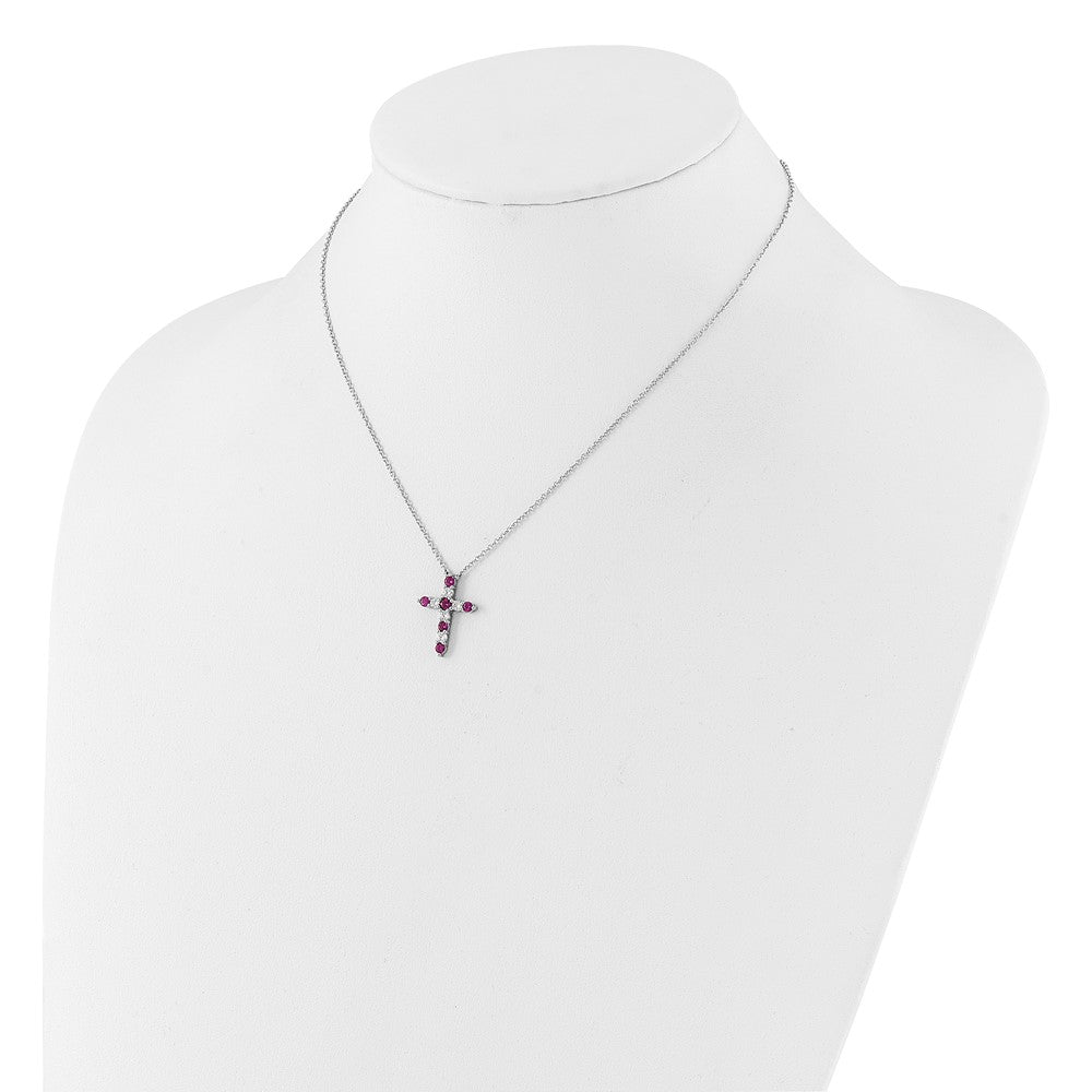 SS Rhodium-plated Dark Pink CZ July Birthstone Cross w/2in ext Necklace