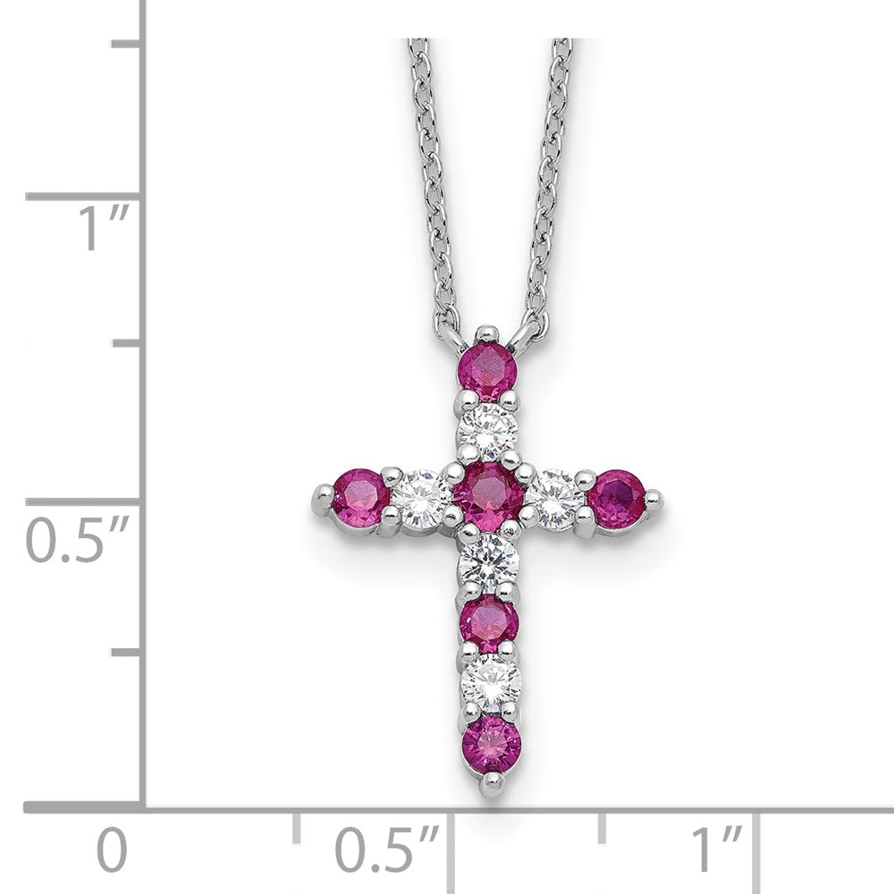 SS Rhodium-plated Dark Pink CZ July Birthstone Cross w/2in ext Necklace