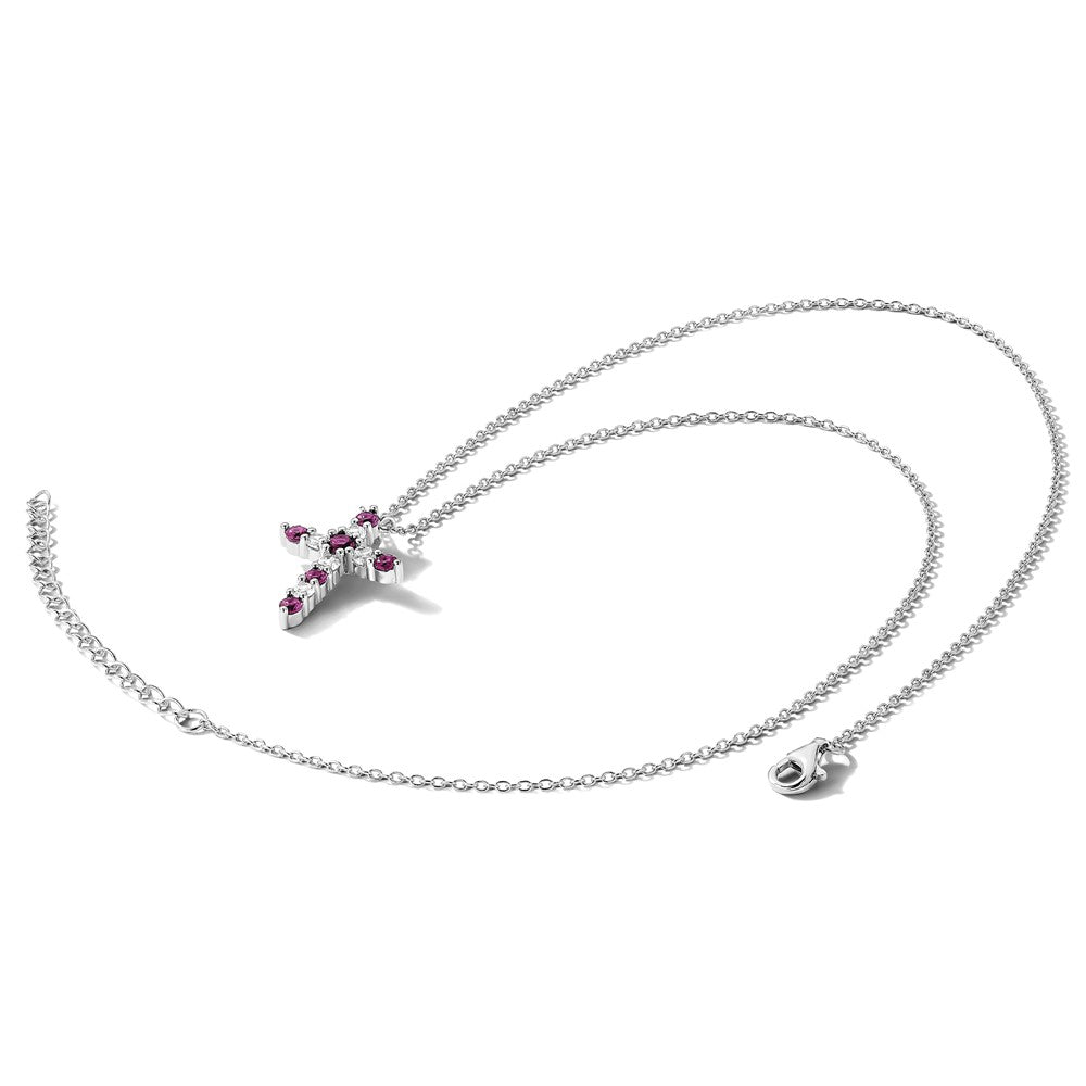 SS Rhodium-plated Dark Pink CZ July Birthstone Cross w/2in ext Necklace