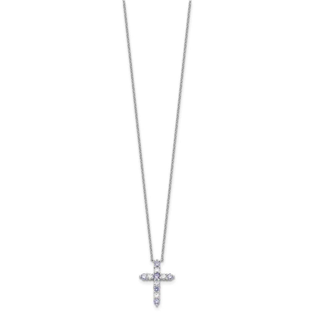 SS Rhodium-plated Lavender CZ June Birthstone Cross w/2in ext Necklace