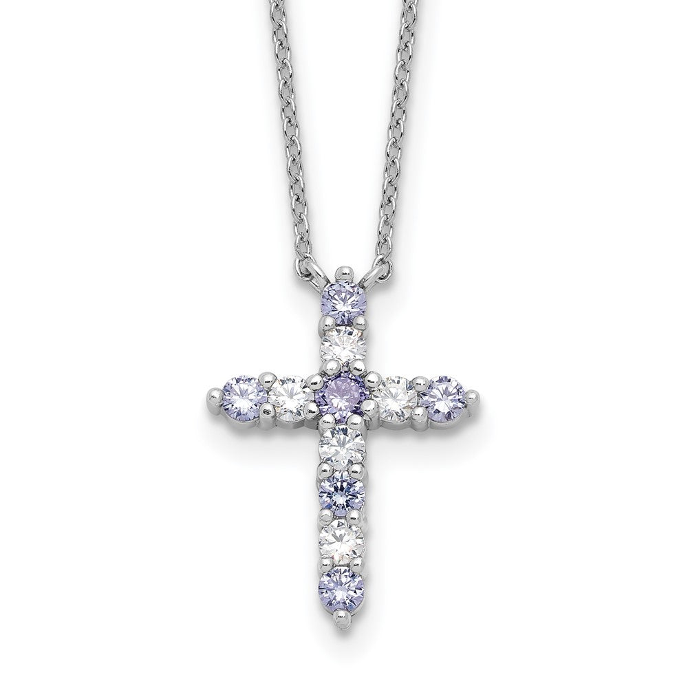 SS Rhodium-plated Lavender CZ June Birthstone Cross w/2in ext Necklace