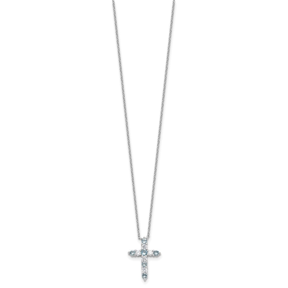 SS Rhodium-plated Lt Blue CZ March Birthstone Cross w/2in ext Necklace