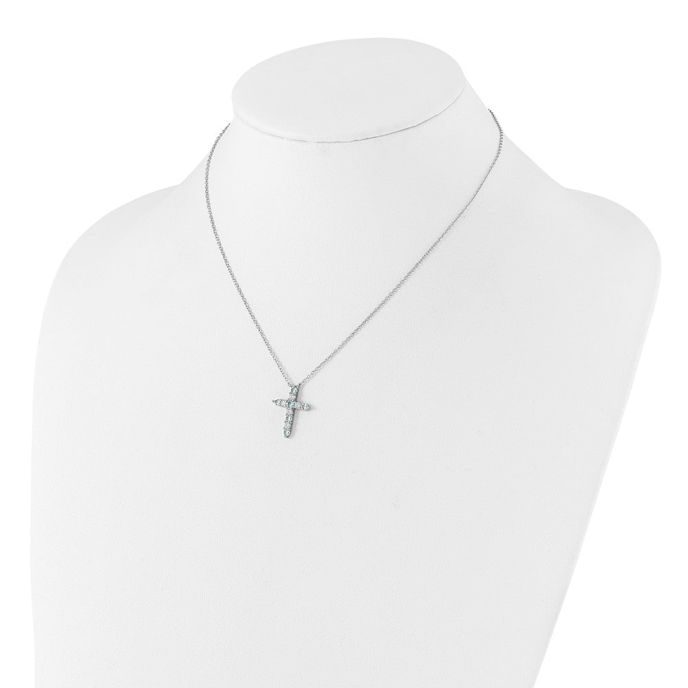 SS Rhodium-plated Lt Blue CZ March Birthstone Cross w/2in ext Necklace
